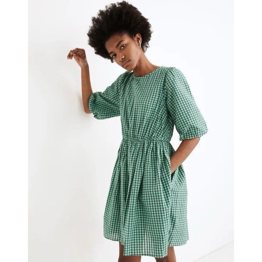 New Look Green White Gingham Mini Skater Dress Puff Short Sleeve Bow S 16 NEW